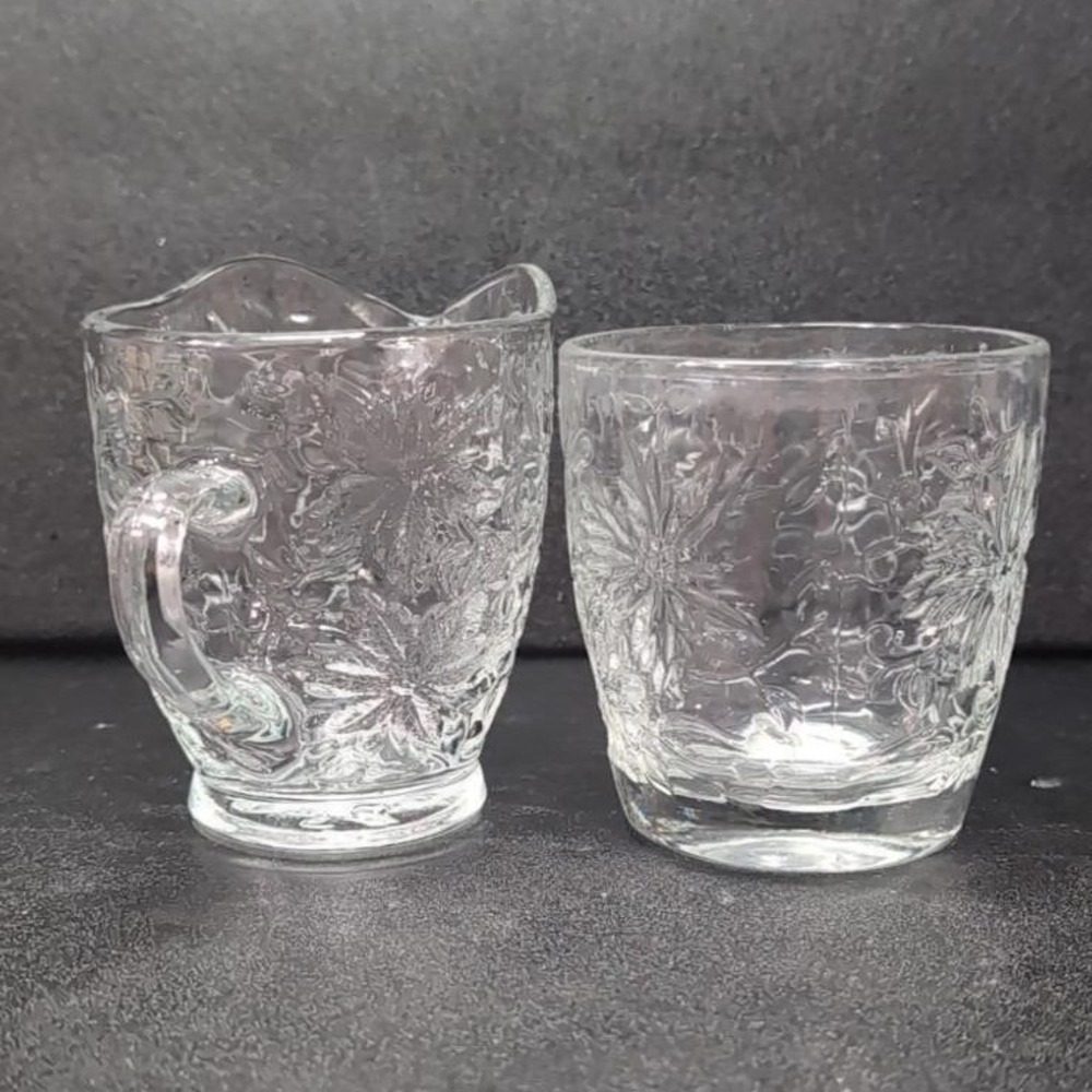 Princess House Fantasia Open Sugar Bowl & Creamer Set #5242, Etched Poinsettias - Picture 6 of 12
